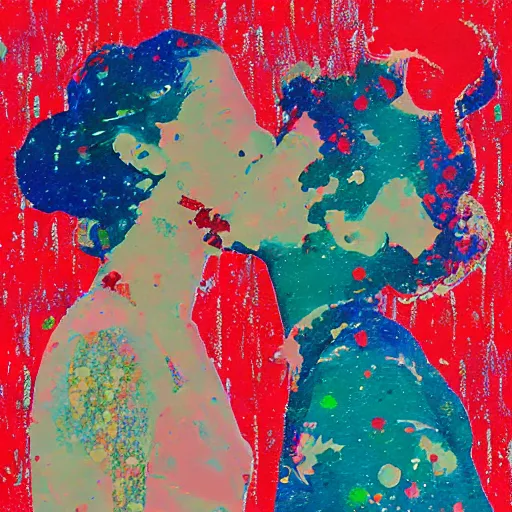 Image similar to two women kissing at a carnival, mixed media collage, retro, paper collage, magazine collage, acrylic paint splatters, double exposure,