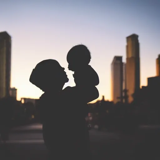 Prompt: a dark silhouette holding a baby at an urban area