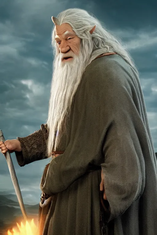 Image similar to film still of gandalf as shrek in lord of the rings movie, glamour pose, dramatic lighting, octane, volumetric lighting, 8 k