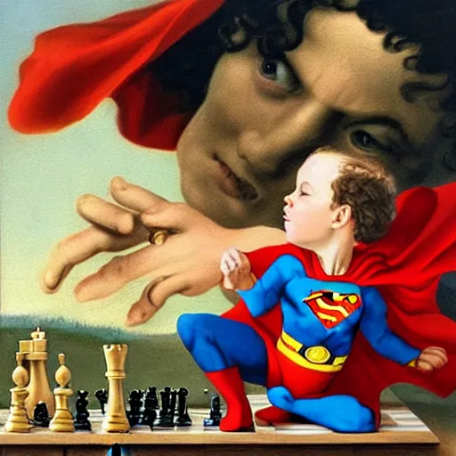 Prompt: superman baby playing chess looking wise, rococo oil painting, highly detailed