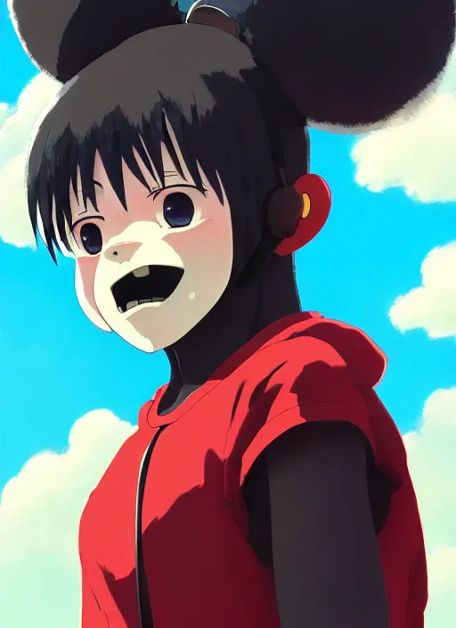 Image similar to portrait of anime style baby gorilla, sunny sky background, lush landscape, illustration concept art anime key visual trending pixiv fanbox by wlop and greg rutkowski and makoto shinkai and studio ghibli and kyoto animation, symmetrical facial features, black t shirt, red headphones,