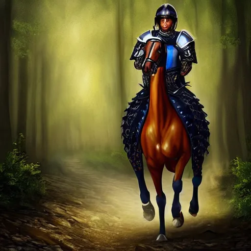 Image similar to aleksandar vucic wearing shining plate armor and riding a horse on a path through a dark forest, highly detailed, digital painting, sharp focus