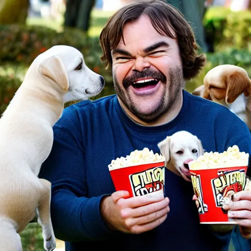 Image similar to jack black eating popcorn, surrounded by puppies, hd, laughing