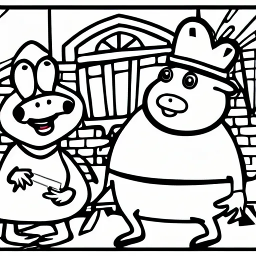 Image similar to pepapig cartoon with pepa george and daddy pig, colouring page