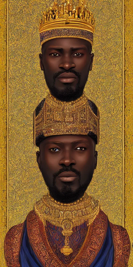 Image similar to a stunning and noble highly detailed romantic period style portrait of Mansa Musa by Josep Tapiró Baró, trending on artstation, oil painting masterpiece, symmetry, fractals, African iconography