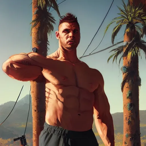 Image similar to highly detailed portrait of a gym bro in gta v, stephen bliss, unreal engine, fantasy art by greg rutkowski, loish, rhads, ferdinand knab, makoto shinkai and lois van baarle, ilya kuvshinov, rossdraws, tom bagshaw, global illumination, radiant light, detailed and intricate environment