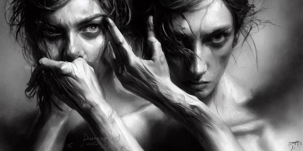 Image similar to highly detailed black and white oil painting, portrait, hand gesture, beautiful, dark, masterpiece, art by durero, riccardo federici, james jean, craig mullins, illustration, draw, spatula, splash