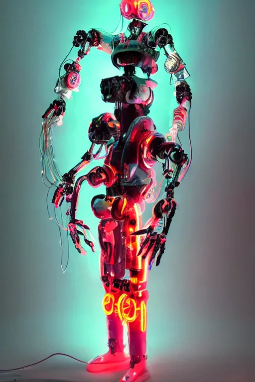 Image similar to full-body rococo and cyberpunk style mint neon and ceramic statue of a muscular attractive Spanish robot god humanoid wearing a thing see-through plastic cloak sim roupa, posing like a super hero, suspended from the sky with thick clear cables, glowing mint face, crown of red steampunk lasers, emeralds, swirling silver silk fabric. futuristic elements. oozing glowing liquid, full-length view. space robots. human skulls. throne made of bones, intricate artwork by caravaggio. Trending on artstation, octane render, cinematic lighting from the right, hyper realism, octane render, 8k, depth of field, 3D