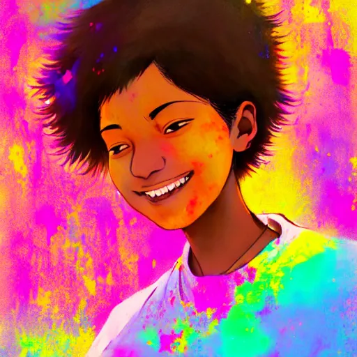 Image similar to portrait of a smiling black girl with short hair at the holi festival, By makoto shinkai, by leiji Matsumoto, by Julie Bell