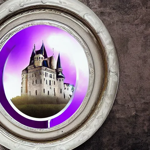 Image similar to a mirror in the shape of an antique silver tray floating and shooting purple magic in a castle, digital art