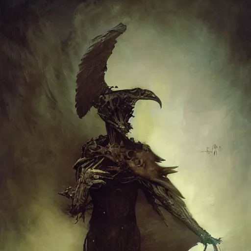 Image similar to puissant physique demonic crow wearing a devil costume Jan Van eyck leonardo da vinci ilya repin christophe young bastien lecouffe-deharme odd nerdrum dragan bibin john steuart curry