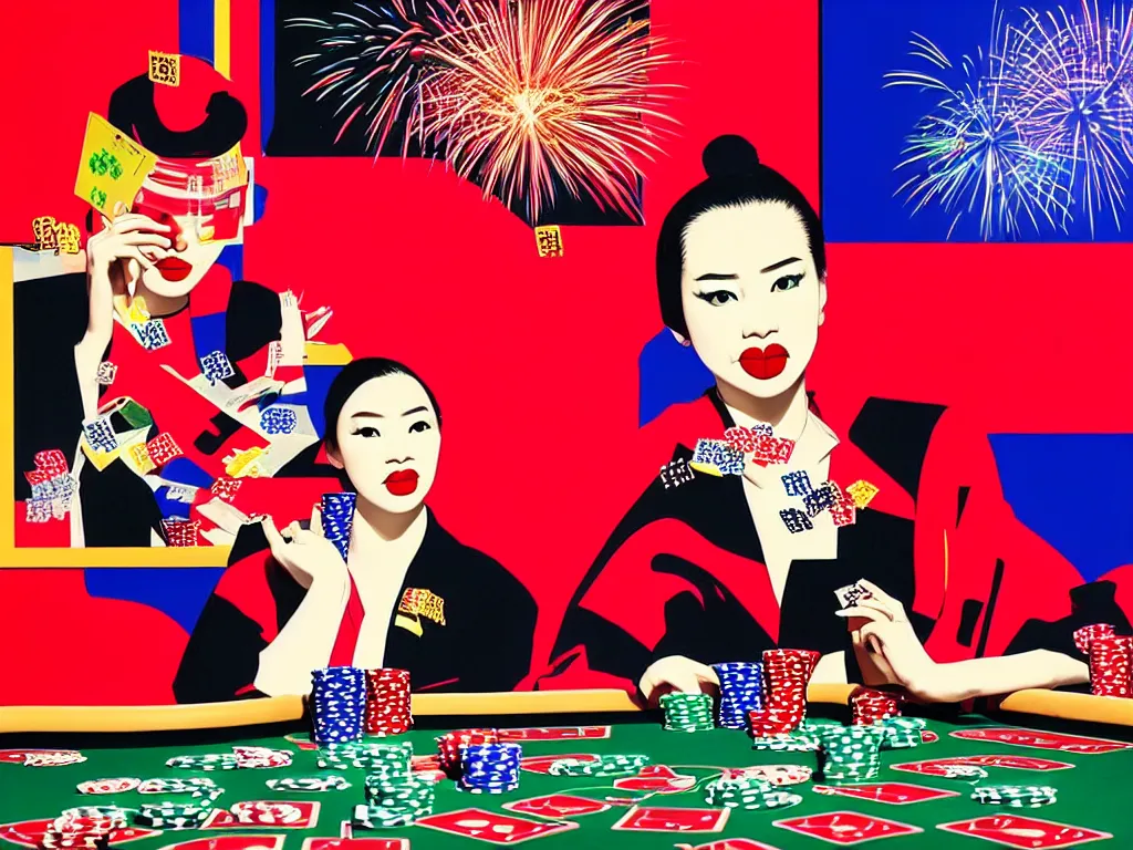 Image similar to hyper - realistic composition of a room in a casino with an extremely detailed poker table, croupier in traditional japanese kimono standing nearby fireworks in the background, pop art style, jackie tsai style, andy warhol style, acrylic on canvas