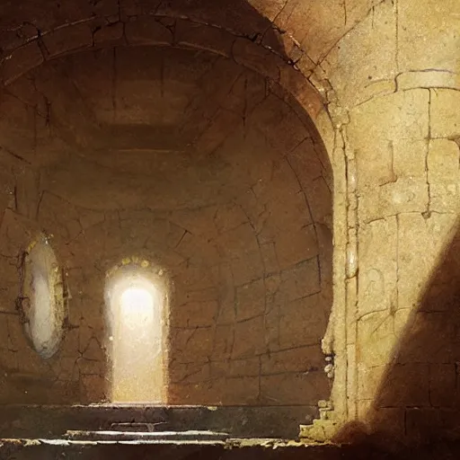 Prompt: the bottom of a mysterious cistern with odd babylonian architecture, lit from a hole in the ceiling, fantasy concept art by craig mullins, gaston bussiere and greg rutkowski