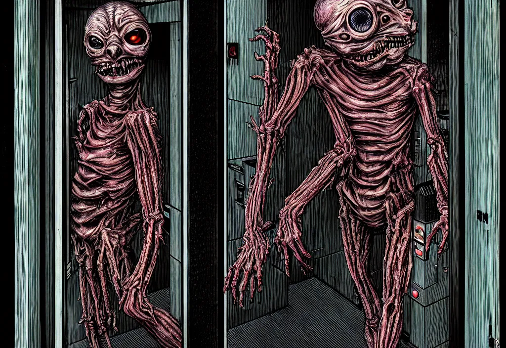 Prompt: hyperrealistic colorized cinestill of creepy monster entity creature in the style of dead space, junji ito, gantz, waiting weirdly inside toronto apartment elevator. deep aesthetics of weirdcore