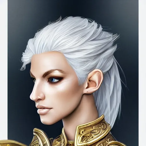 Image similar to side portrait!!! of a female elven warrior, fantasy, head tilted down, white hair, gold armour, gold jewelry, white skin, detailed face!!!!!, trending on artstation, gsociety, D&D, elegant, symmetrical facial features, highly detailed, sophisticated, hyperrealistic, detailed illustration, smooth, sharp focus, upper body, intricate, rule of thirds, holy glow, backlit, hd 4k by Greg Rutkowski, Charlie Bowater, Karol Bak