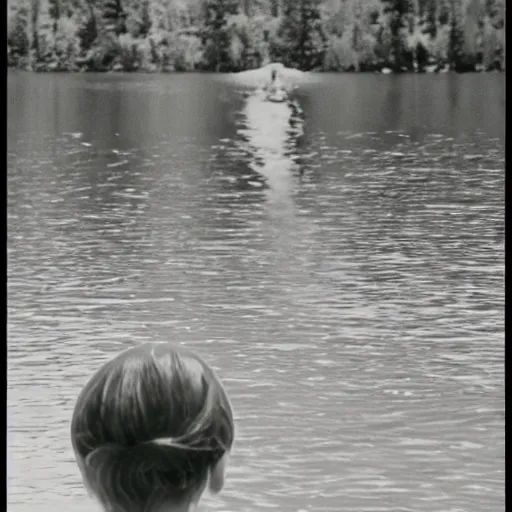 Prompt: alien spying on the girls on the lake, top secret style photo, realistic, 7 0 s