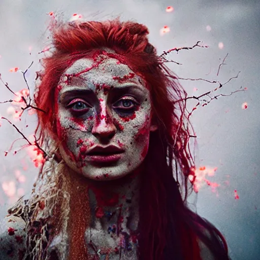 Image similar to 3 5 mm coloured film portrait of sophie turner as aghori sadhu covered in ash creature, hyperrealism, celestial red flowers vibe, photorealistic, detailed, atmospheric, 8 k, award winning photography, cinematic