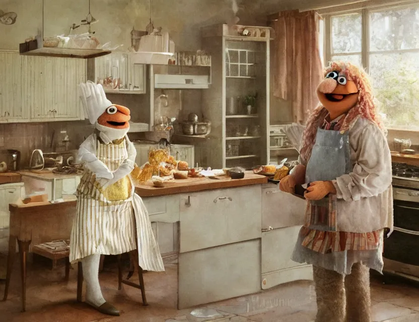Prompt: muppet swedish chef cooking in a kitchen in country house, cottage core, cinematic focus, polaroid photo bleached vintage pastel colors high - key lighting, soft lights, foggy, by steve hanks, by lisa yuskavage, by serov valentin, by tarkovsky, 8 k render, detailed, oil on canvas