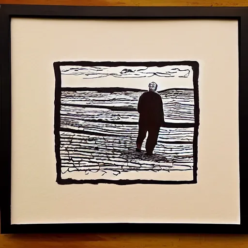 Image similar to ink and brush drawing of ben mendelsohn walking on the beach smoking, sunset