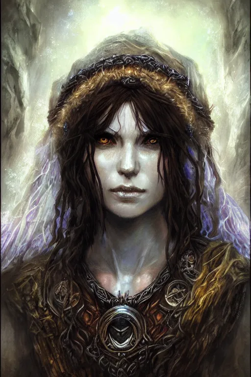 Prompt: head and shoulders portrait of a druid, female, high fantasy, dnd, by royo