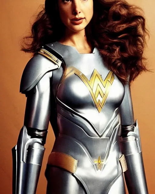 Image similar to Gal Gadot as Colonel Wilma Deering from Buck Rogers in the 25th Century, dressed in a form fitting futuristic nanotechnology enhanced military armor uniform, she is gorgeous with long beautiful hair, but a stern look about her, photographed in the style of Mario Testino, Studio Lighting