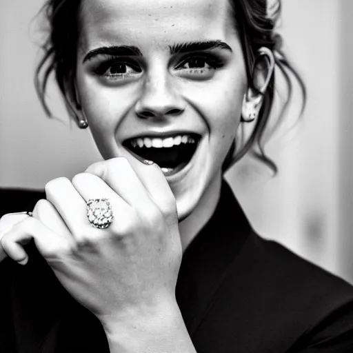 Image similar to A photo of laugh emma watson showing wedding ring on his finger. 50 mm. perfect ring. award winning photography