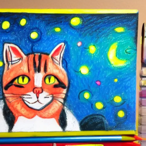 Image similar to an oil pastel painting of an annoyed cat in a spaceship