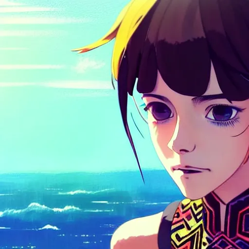 Image similar to a beautiful boyish emma watson alluring instagram model, wearing japanese hiphop aztec leotard outfit with mayan pattern and native style, aztec street fashion bathing suit, botw style, gapmoe yandere grimdark, trending on pixiv fanbox, painted by greg rutkowski makoto shinkai takashi takeuchi studio ghibli, akihiko yoshida