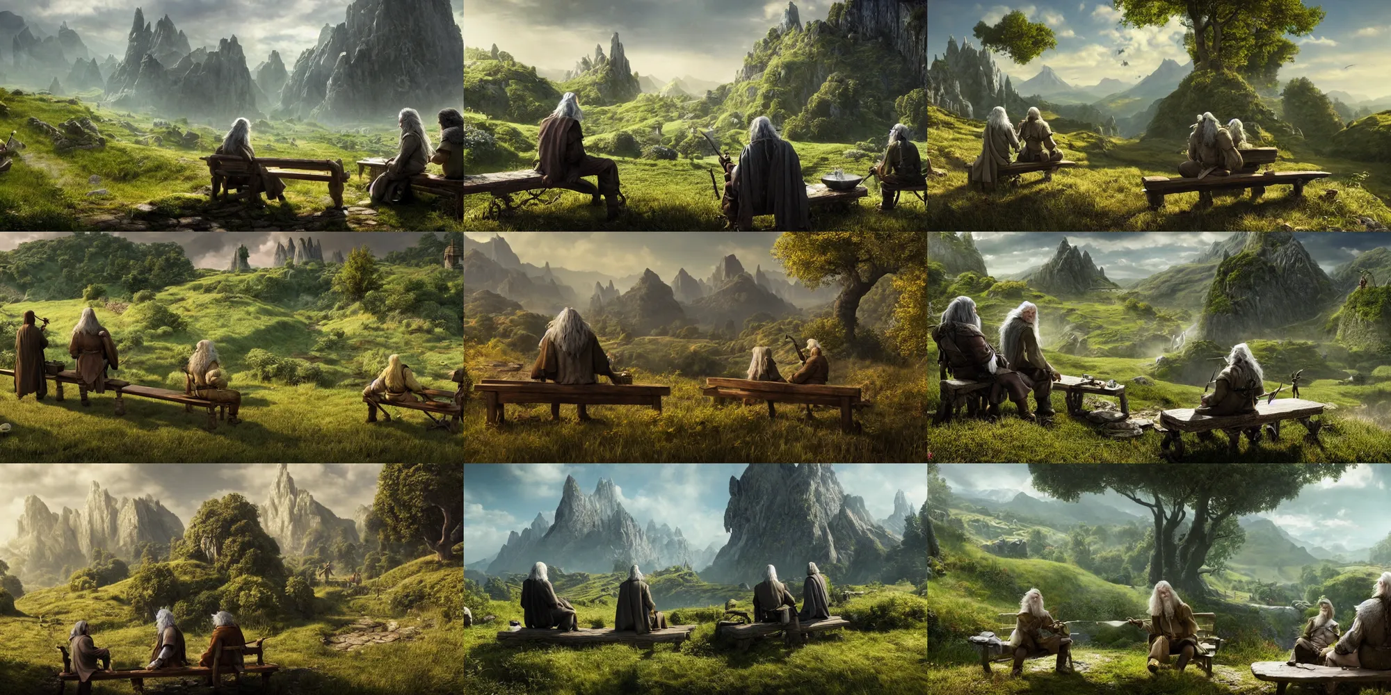 Prompt: a fantasy scene, with two characters, tall Gandalf gray in the foreground and beside sits low Hobbit on a bench and smokes a pipe. On a sunny day , green hills in the background. Perfect composition, golden ratio, Detailed and realistic, 4k, top-artstation, inspired lord of the rings, octane render