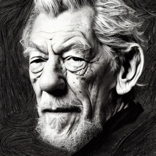 Image similar to a realistic yet scraggly portrait photo of the side profile of a stern and sophisticated ian mckellen as a pirate captain, octane render, intricate details, in the style of frank auerbach, in the style of sergio aragones, in the style of martin ansin, in the style of david aja, in the style of mattias adolfsson