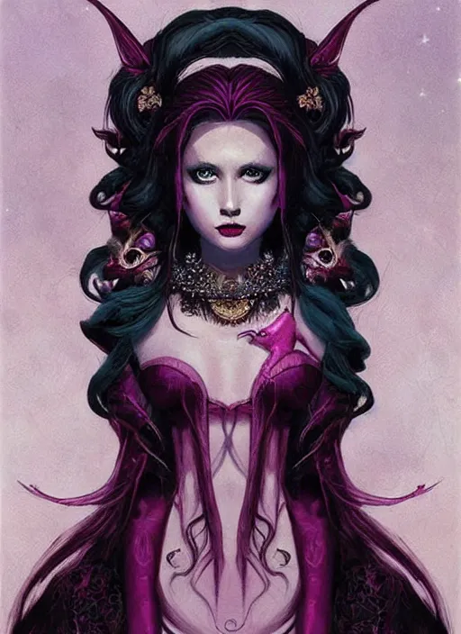 Prompt: portrait of princess of the dreamlands and moon beast, beautiful! coherent! by brom, deep colors, red maroon purple pink black, strong lines