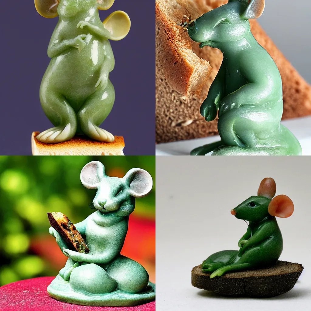 Prompt: a jade statue of a mouse on a piece of bread