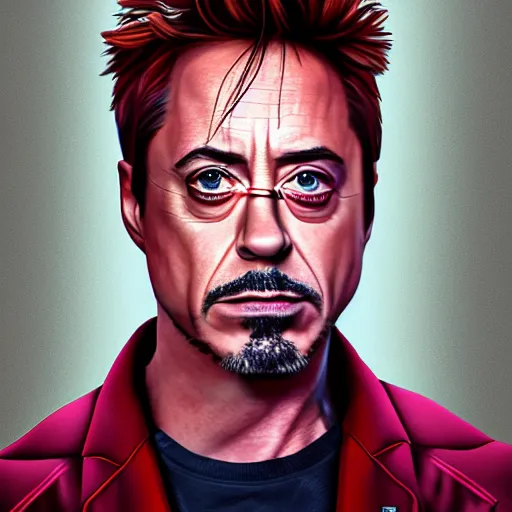 Prompt: portrait of robert downey jr, highly detailed, centered, solid color background, digital painting