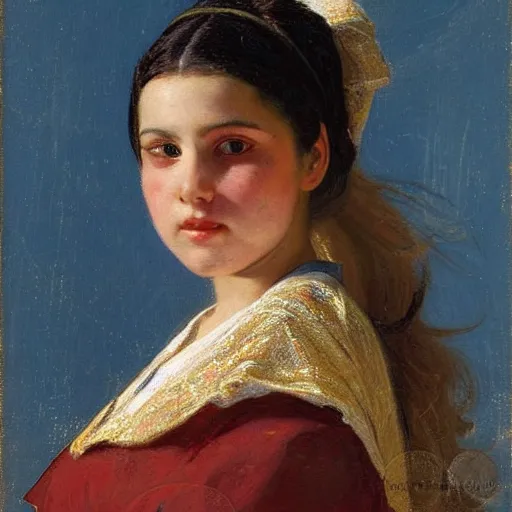 Prompt: orientalism portrait of a cute young woman with twin tails in maid uniform by Edwin Longsden Long and Theodore Ralli and Nasreddine Dinet and Adam Styk masterful intricate artwork