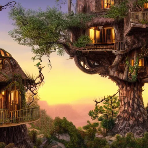 Image similar to fancy treehouse mansion built in a giant cactus on top of plateau overlooking grand canyon at sunset detailed luminescent airbrushed painting 4 k