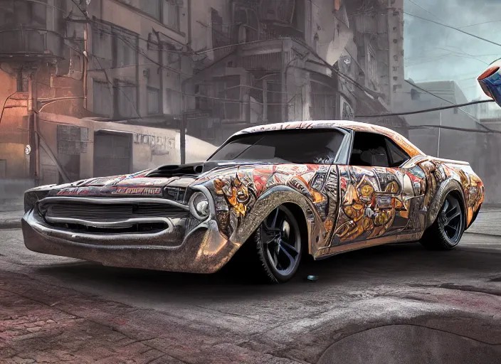 Image similar to cartoon muscle car in full intricate detail, ultra detailed, realistic digital art, octane render, 4K, dystopian, micro details