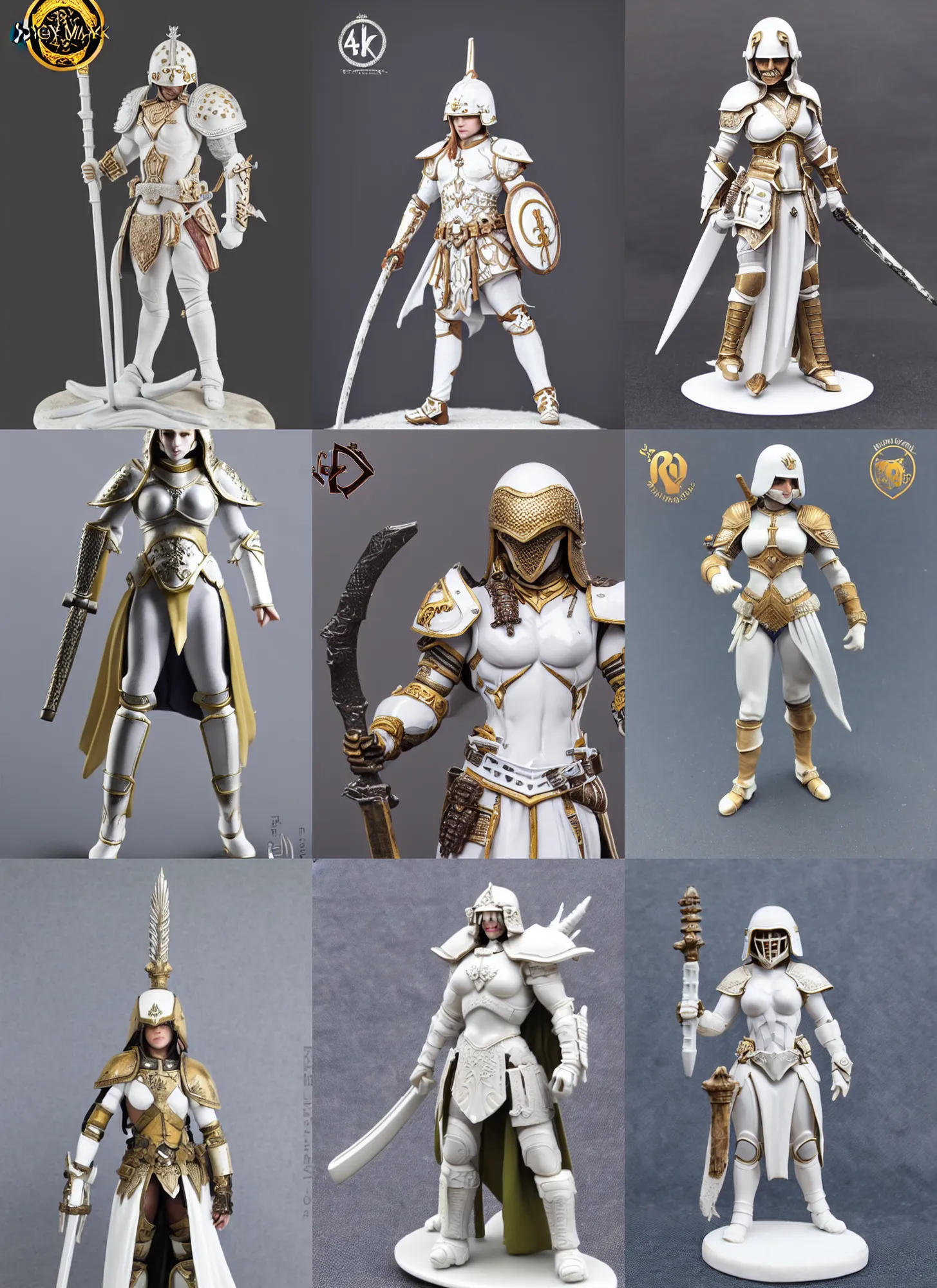 Prompt: 80mm resin detailed miniature of a Queen of war, white armor, iron mask and helmet, Very long white cloak, Very muscular, abdomen, olive skin, on textured base; Miniature product Introduction Photos, Logo, 4K, Full body; Front view