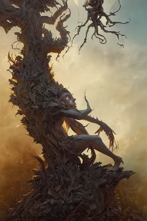 Prompt: portrait of tree devil by Peter Mohrbacher and Peter Gric, volumetric lighting, good composition, trending on artstation, polarizer filter, in the golden hour