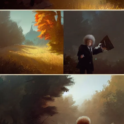 Image similar to Bob Ross throwing away paintings, illustrated by Greg Rutkowski, trending on artstation, 4k, 8k