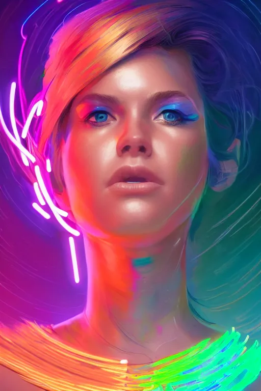 Image similar to a award winning portrait of a beautiful woman with stunning eyes in a one off shoulder crop top and cargo pants with rainbow colored hair, outlined by whirling illuminated neon lines and fine lines swirling in circles by greg rutkowski, digital art, trending on artstation