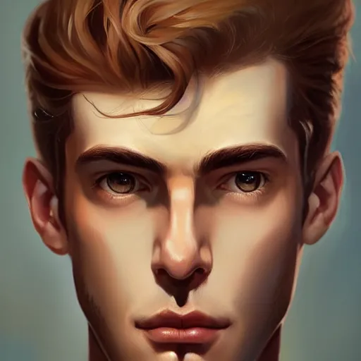 Prompt: tall man in his twenties with brown blond short quiff hair and round facial structure with cleft chin, straight eyebrows, cheekbones, big hazel nut brown eyes, atmospheric lighting, painted, intricate, 4 k, highly detailed by charlie bowater