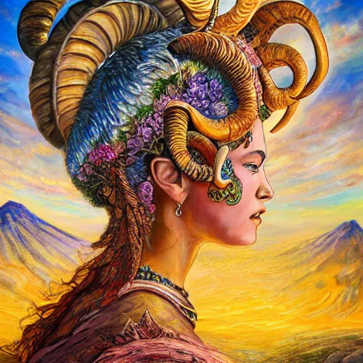 Image similar to painting by senior concept artist josephine wall, horned ram goddess checking her cell phone, erupting volcano and sunset in distance in background, flowers in foreground, trending on artstation, zodiac, fantasy, acrylic on canvas, intricately detailed, highly detailed, high resolution, 8 k,