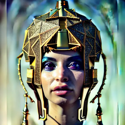 Image similar to portrait of an absurdly beautiful, graceful, sophisticated, fashionable egyptian cyberpunk mechanoid gravure idol, hyperdetailed illustration by irakli nadar, matt wisniewski style, intricate linework, fashion photography, porcelain skin, jellyfish headdress, golden cable necklace, unreal engine 5 highly rendered, radiant light, detailed and intricate environment