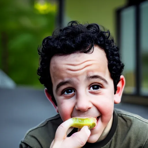 Image similar to fred savage eating a pickle, ( sony a 7 r iv, symmetric balance, polarizing filter, photolab, lightroom, 4 k, dolby vision, photography awardm, voque, perfect face )