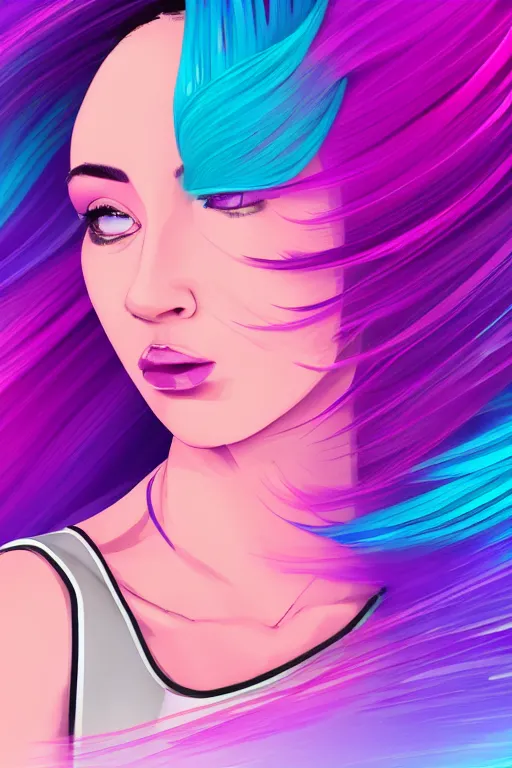 Image similar to a award winning half body portrait of a beautiful woman in a croptop and cargo pants with ombre purple pink teal hairstyle with head in motion and hair flying, outrun, vaporware, flat illustration, digital art, trending on artstation, highly detailed, fine detail, intricate