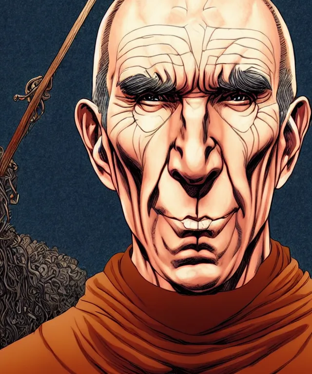 Image similar to a ( fantasy comic ) ( cover art ) portrait of a friar who looks like ( young pete postlethwaite ), digital illustration by jenny frison and sana takeda and kentaro miura, fine inking lines, vivid colors, dnd, highly detailed!, hd, 4 k, trending on artstation