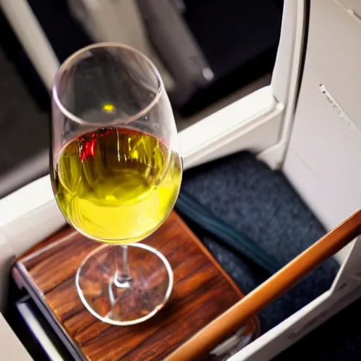 Prompt: looking down at my glass of wine in premium economy, aeroplane seat, photorealism, highly detailed, wooden armrest, white wine, focus blur