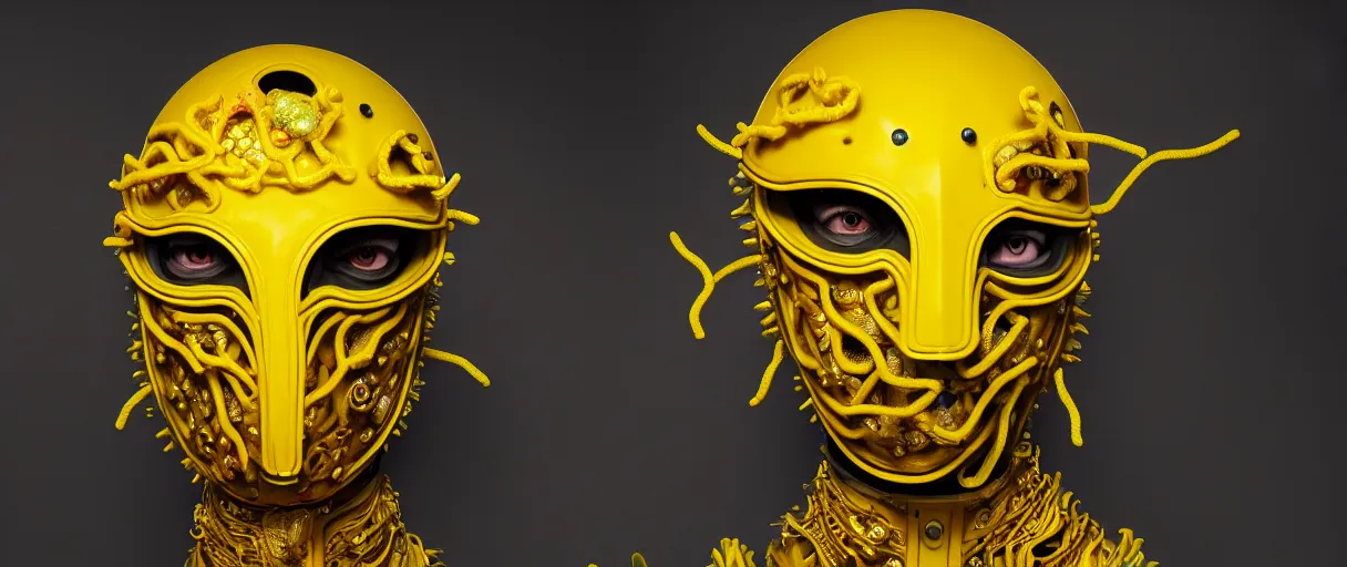 Image similar to hyperrealist highly detailed english medieval portrait of high fashion monster wearing car part yellow cab armor, radiating atomic neon corals, concept art pascal blanche dramatic studio lighting 8k wide angle shallow depth of field