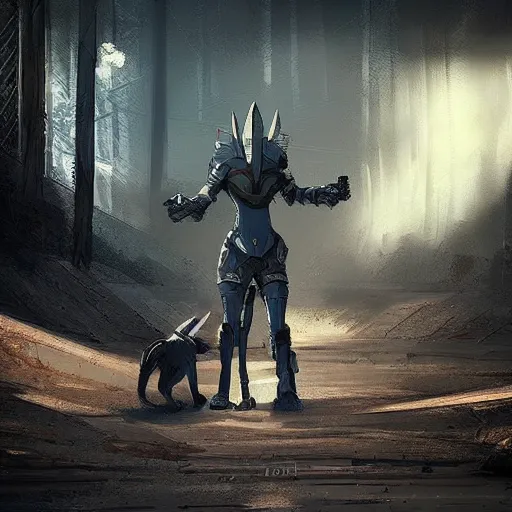 Image similar to panzerwolf anubis dog made of steel in light armor, by ian pesty and alena aenami, concept art, matte painting, washed colors,