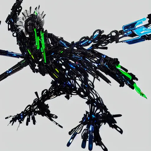 Prompt: an austral thrush made of full-metal wired parts and neon wings, concept art by Yoji Shinkawa and Raoul Ruiz